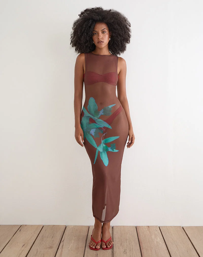 Robe midi Fay marron avec rose du désert bleue