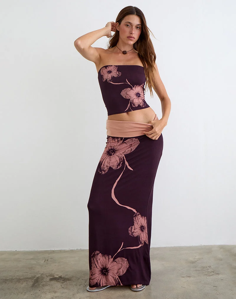 Jupe longue Valdra, couleur bordeaux, avec motif floral