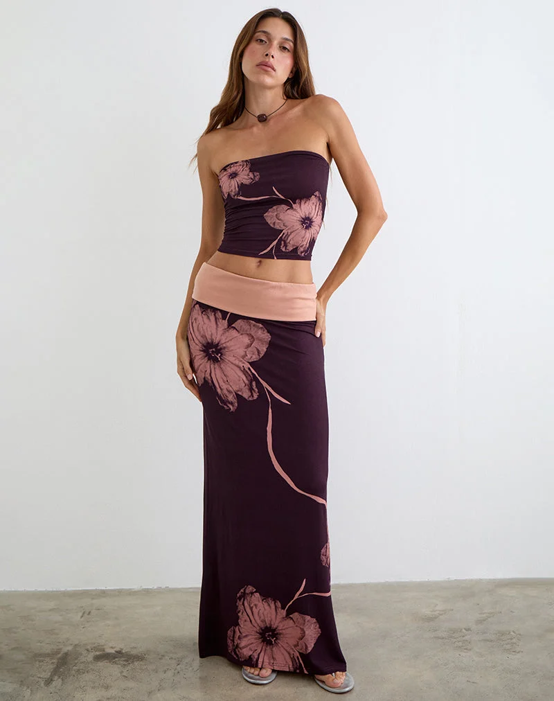 Jupe longue Valdra, couleur bordeaux, avec motif floral