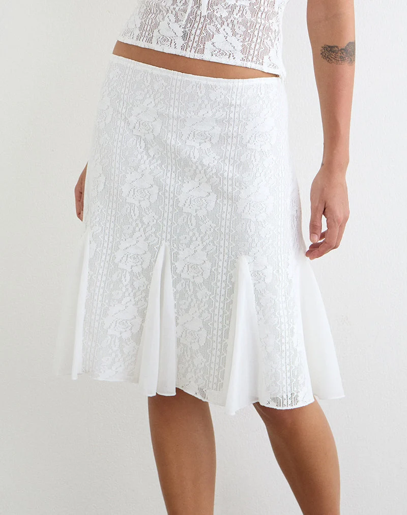 Jupe midi Saiwa en dentelle à motifs floraux, blanche