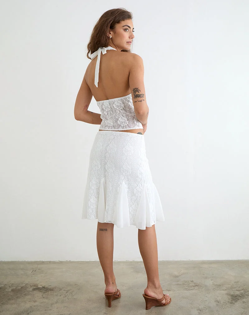 Jupe midi Saiwa en dentelle à motifs floraux, blanche