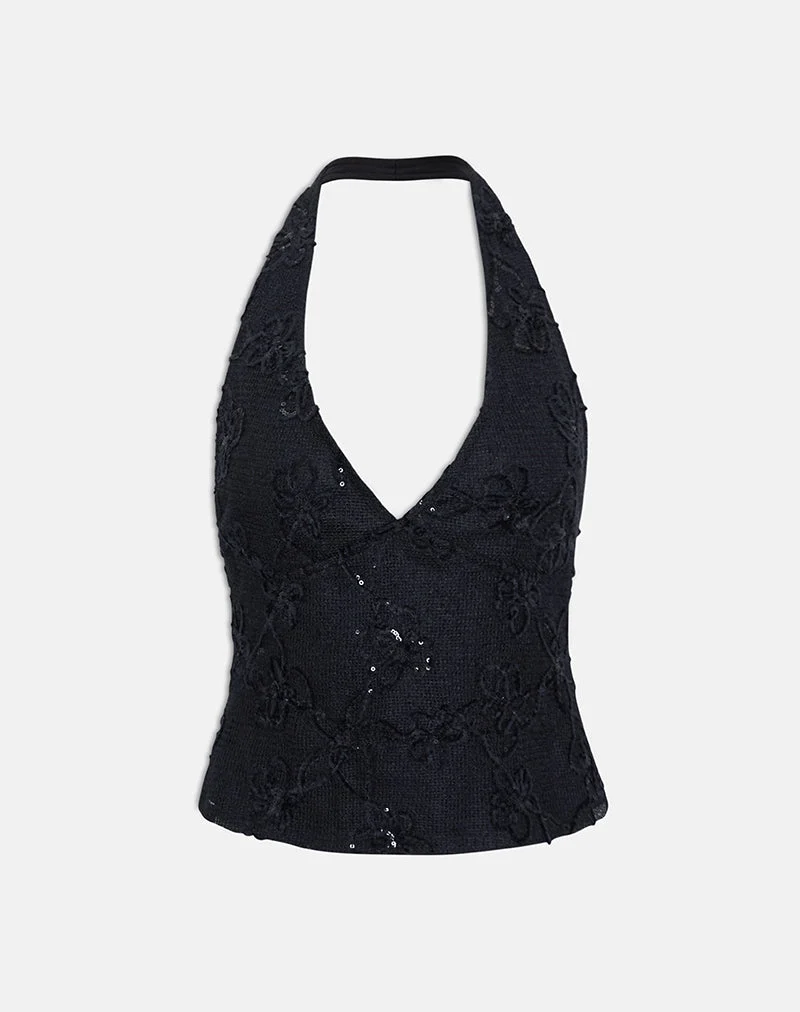 Halter-top Cosio en maille à paillettes, noir