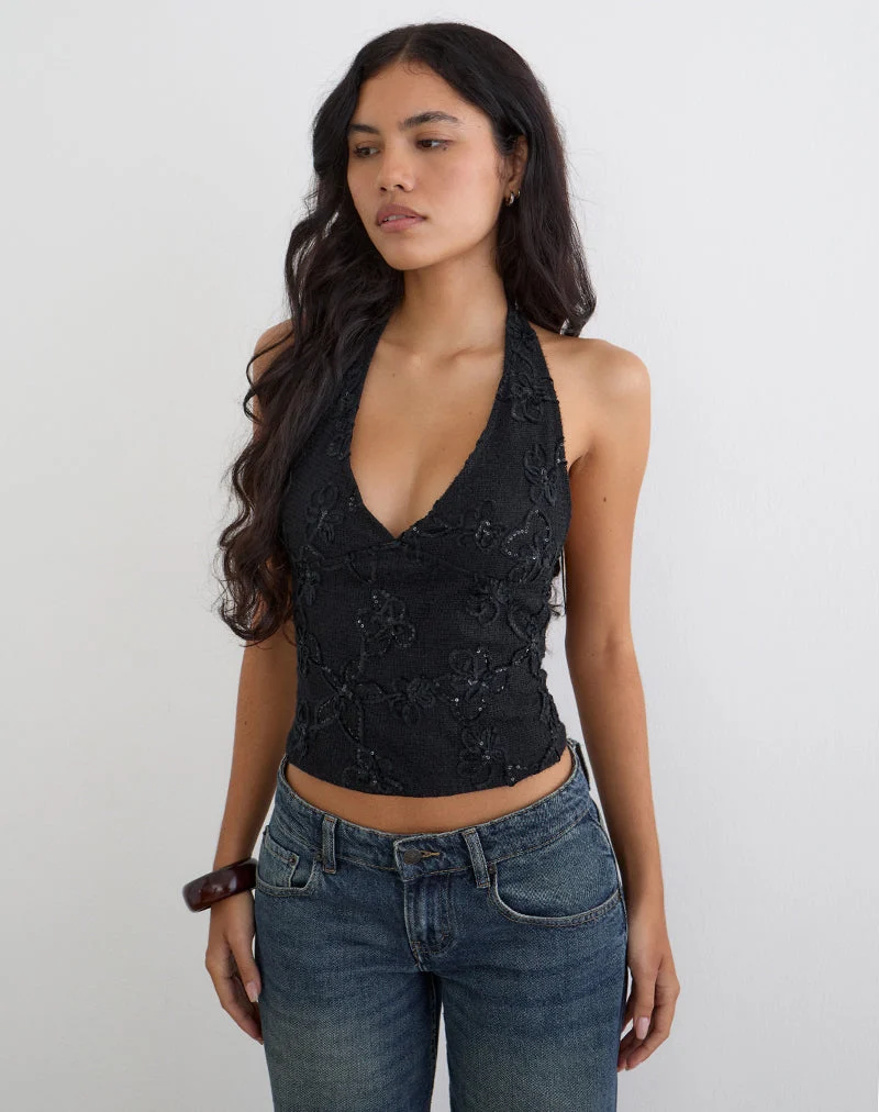 Halter-top Cosio en maille à paillettes, noir