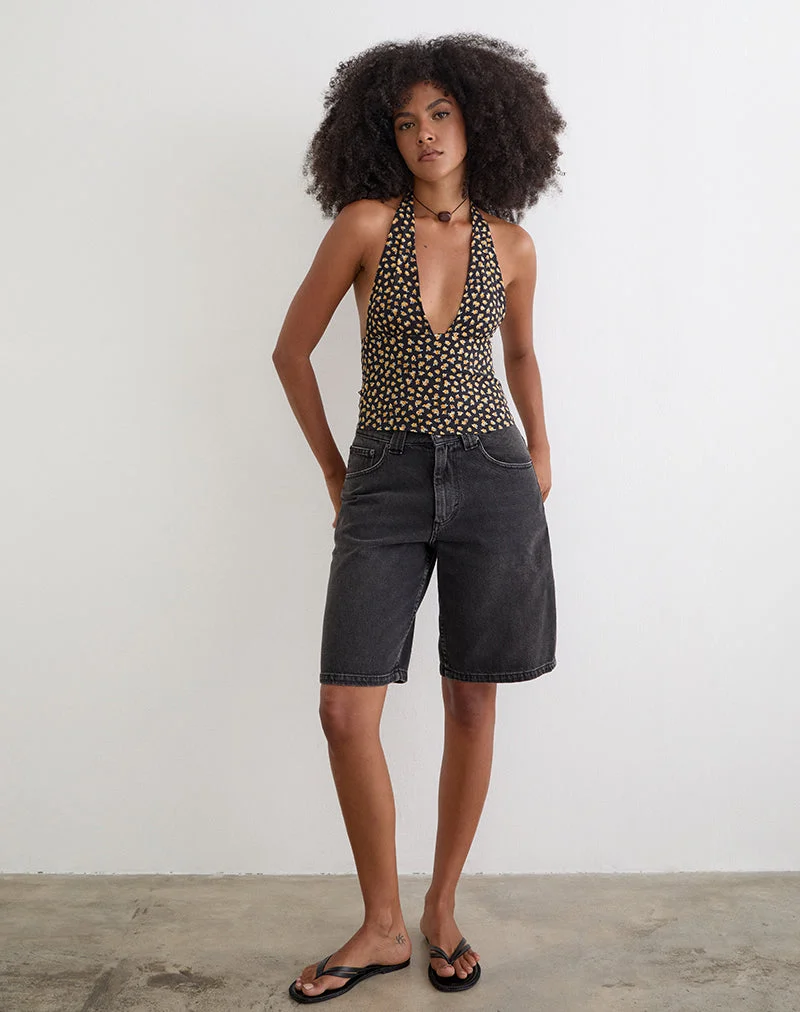 Haut Marsina à col licou, motif floral discret, couleur bronze