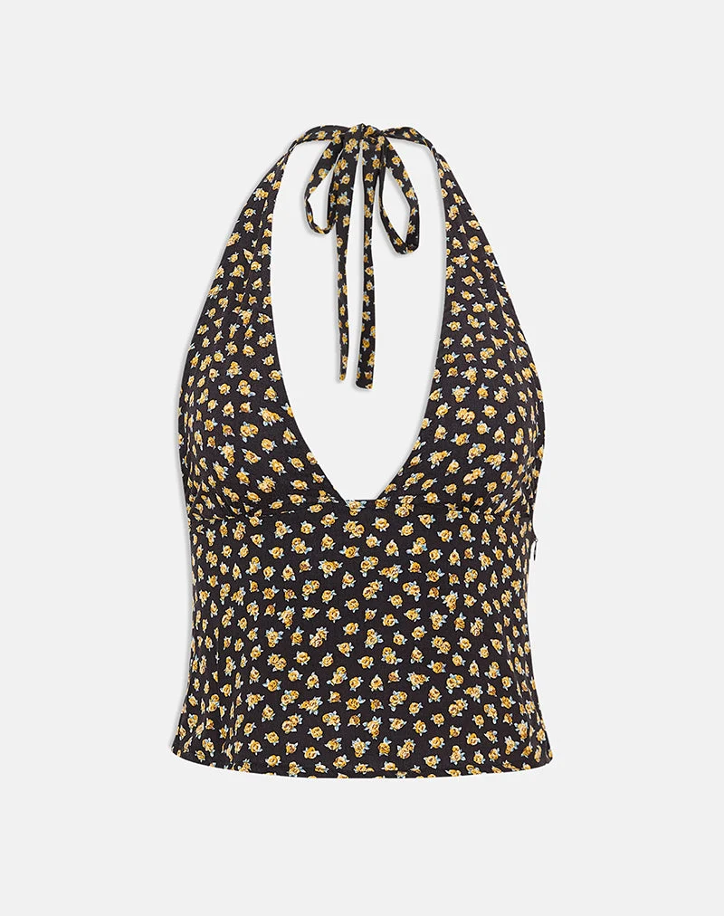 Haut Marsina à col licou, motif floral discret, couleur bronze