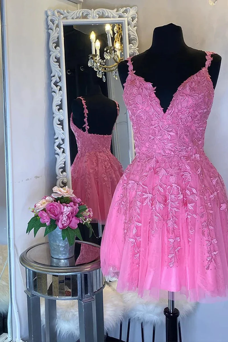 Robe de soirée élégante rose coupe trapèze sans manches avec appliques en dentelle