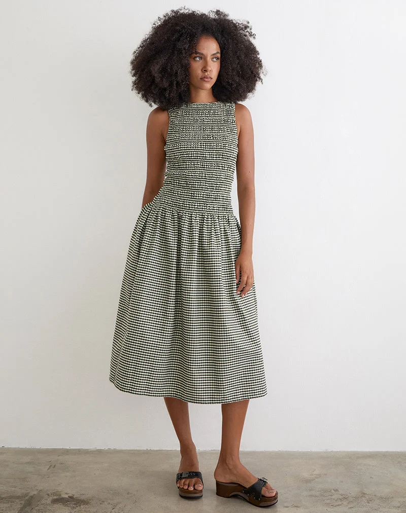Robe mi-longue Undine en vichy mini vert foncé