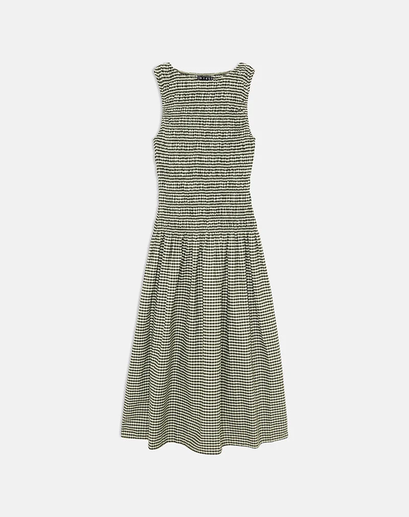 Robe mi-longue Undine en vichy mini vert foncé