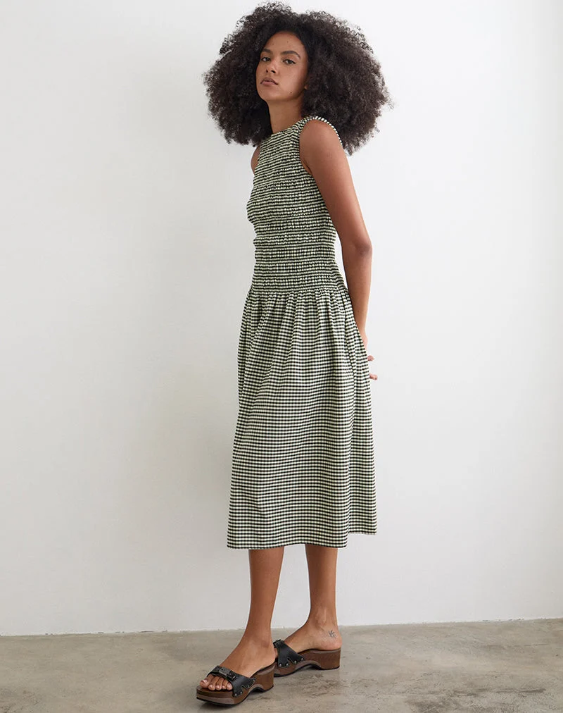 Robe mi-longue Undine en vichy mini vert foncé