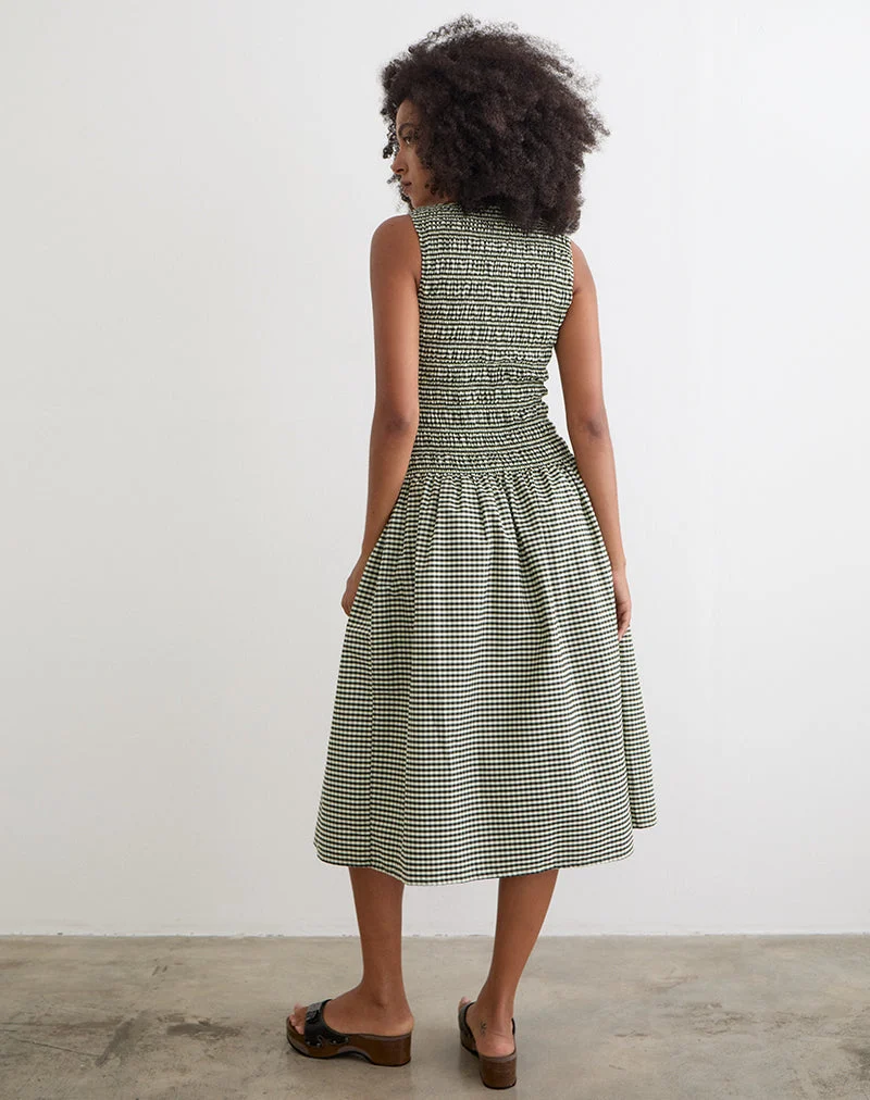 Robe mi-longue Undine en vichy mini vert foncé