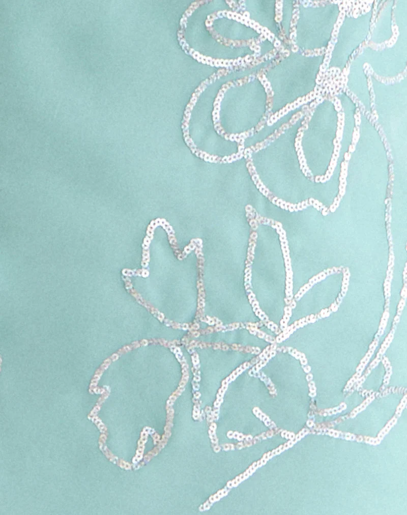 Mini-robe Gelora en mousseline à motifs floraux et paillettes, couleur turquoise