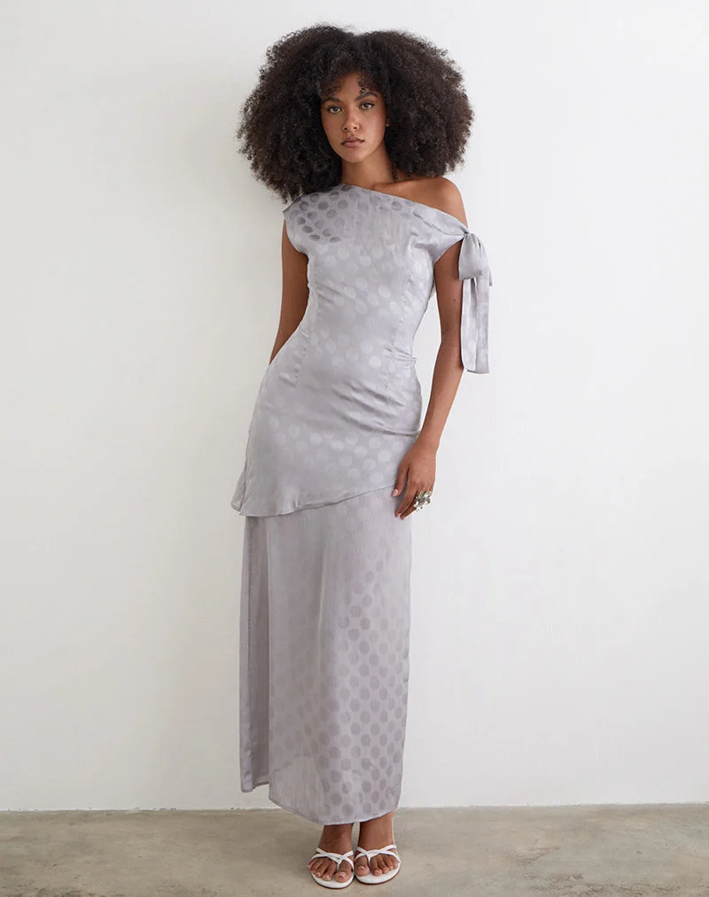 Robe longue Sardian en mousseline, motif à pois monochrome gris argenté