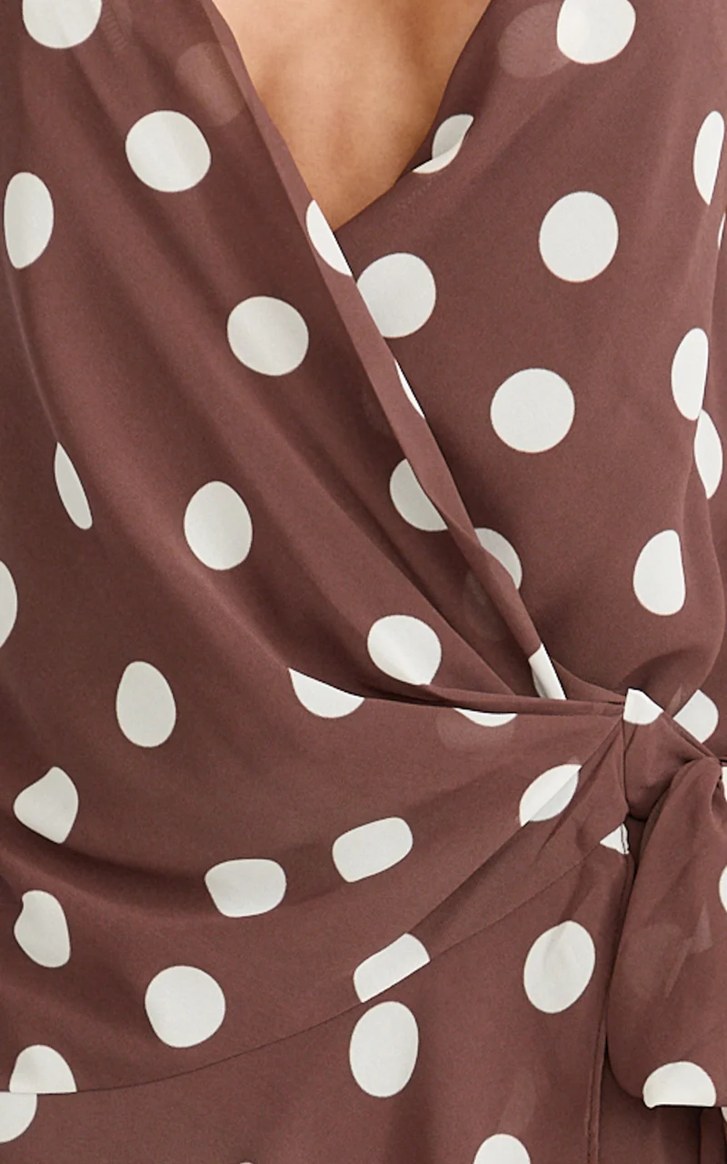 Lia Mini Dress - Wrap Around Dress in Choc Polka Dot