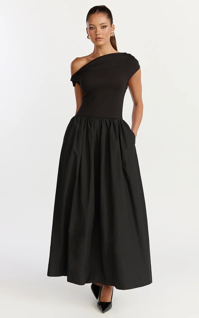 Jhamie Midi Dress - One Shoulder Contrast Skirt Dress in Black