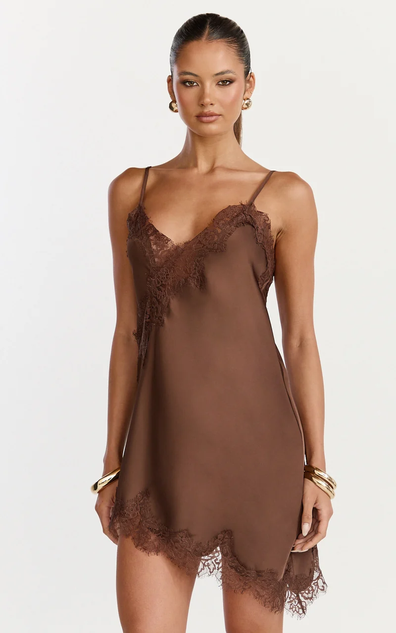 Iris Mini Dress - Lace Trim Asymmetrical Camisole Dress in Chocolate