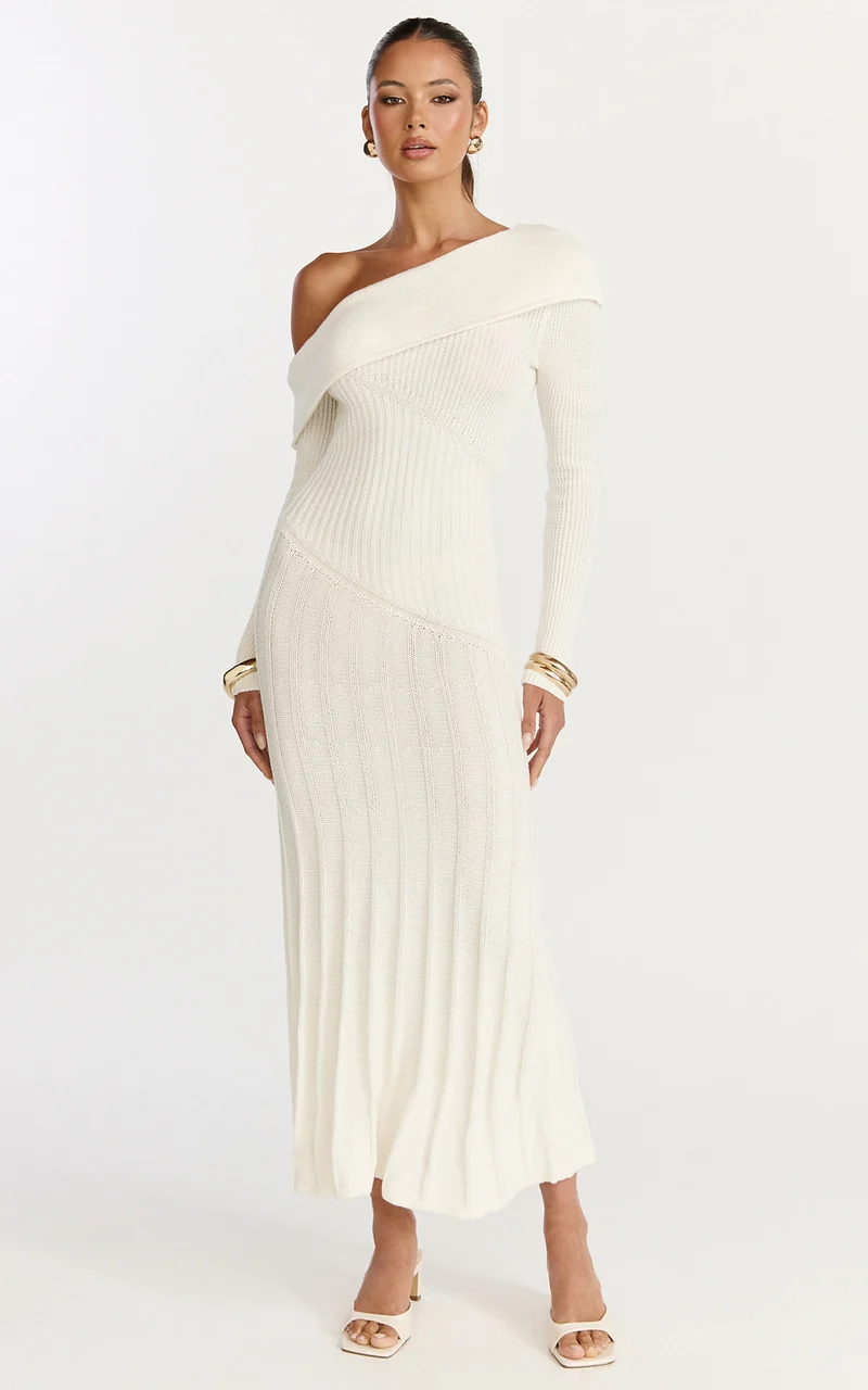 Elaine Midi Dress - Knit Off Shoulder Asymmetric Panel Dress in Cream