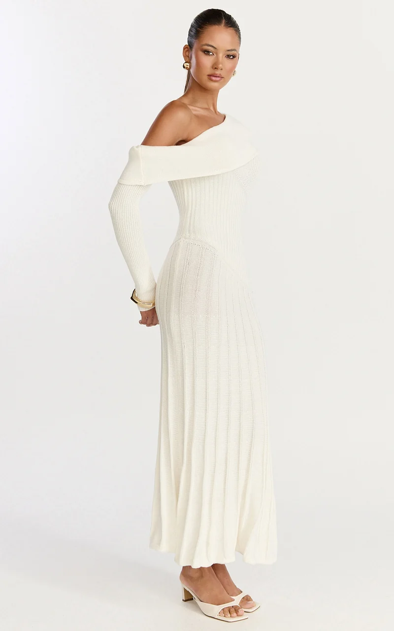 Elaine Midi Dress - Knit Off Shoulder Asymmetric Panel Dress in Cream