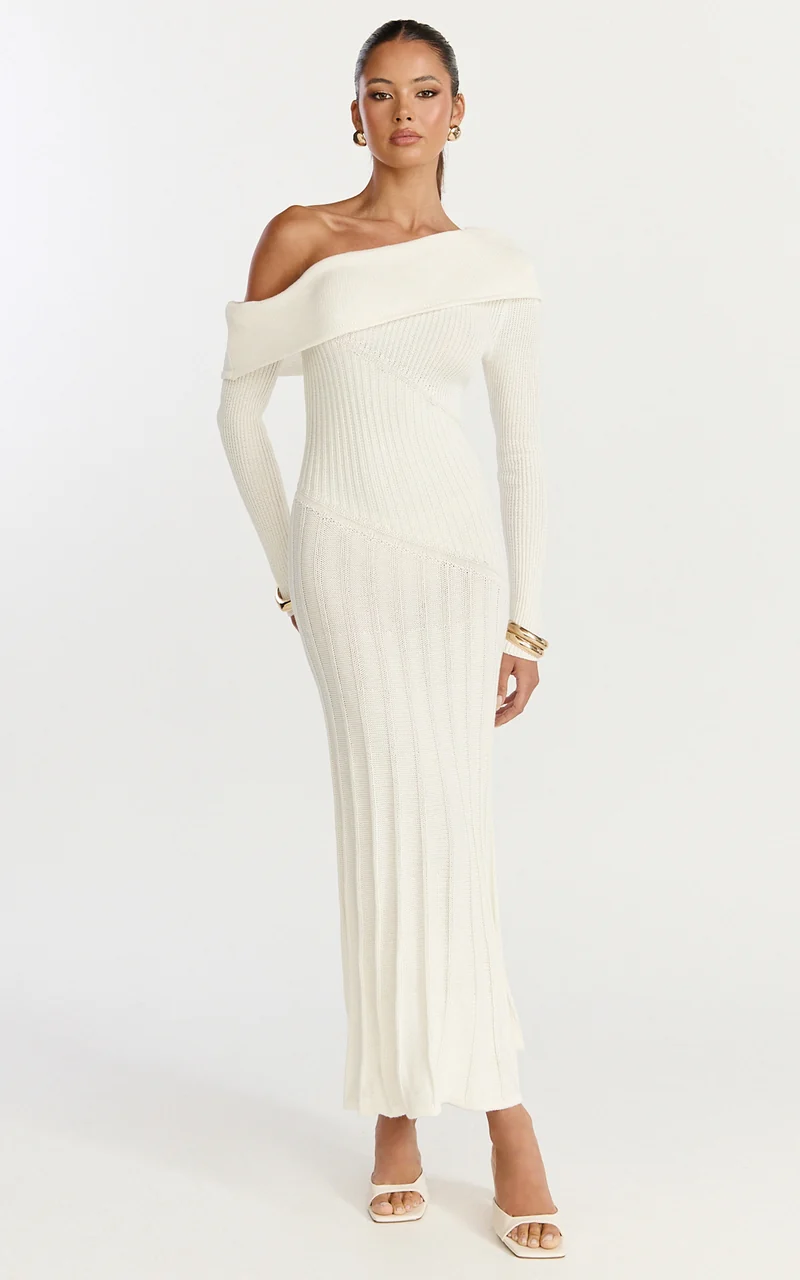 Elaine Midi Dress - Knit Off Shoulder Asymmetric Panel Dress in Cream
