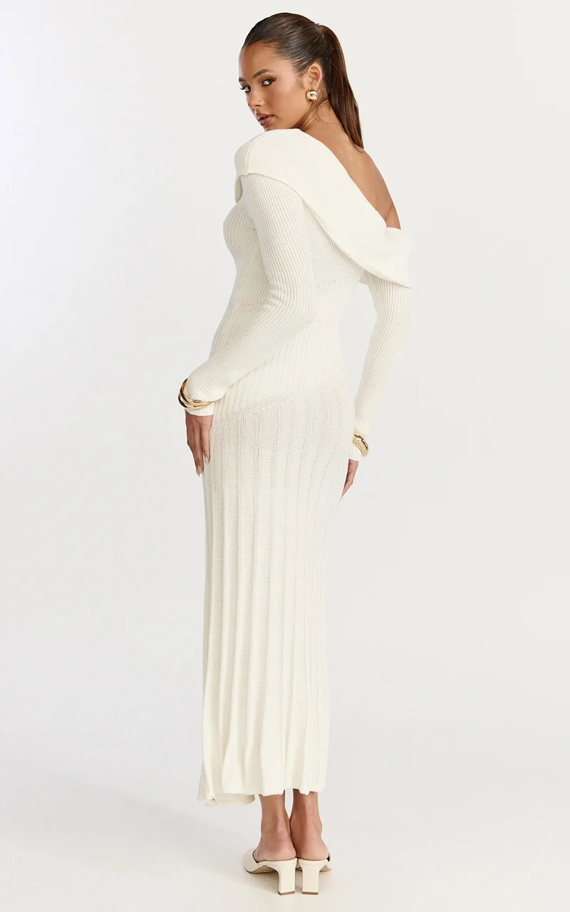 Elaine Midi Dress - Knit Off Shoulder Asymmetric Panel Dress in Cream