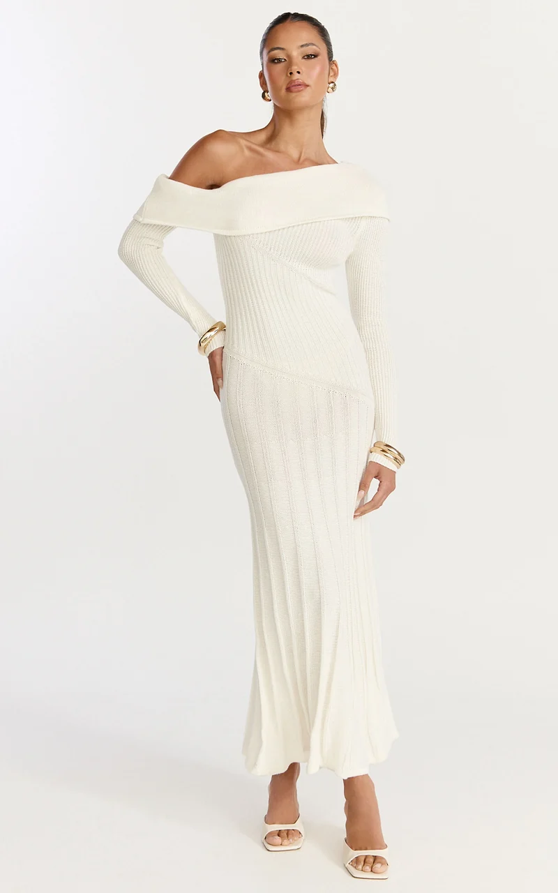 Elaine Midi Dress - Knit Off Shoulder Asymmetric Panel Dress in Cream