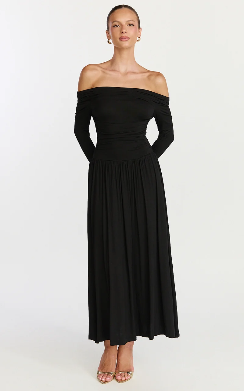 Antonia Midi Dress - Off The Shoulder Long Sleeve Dress in Black