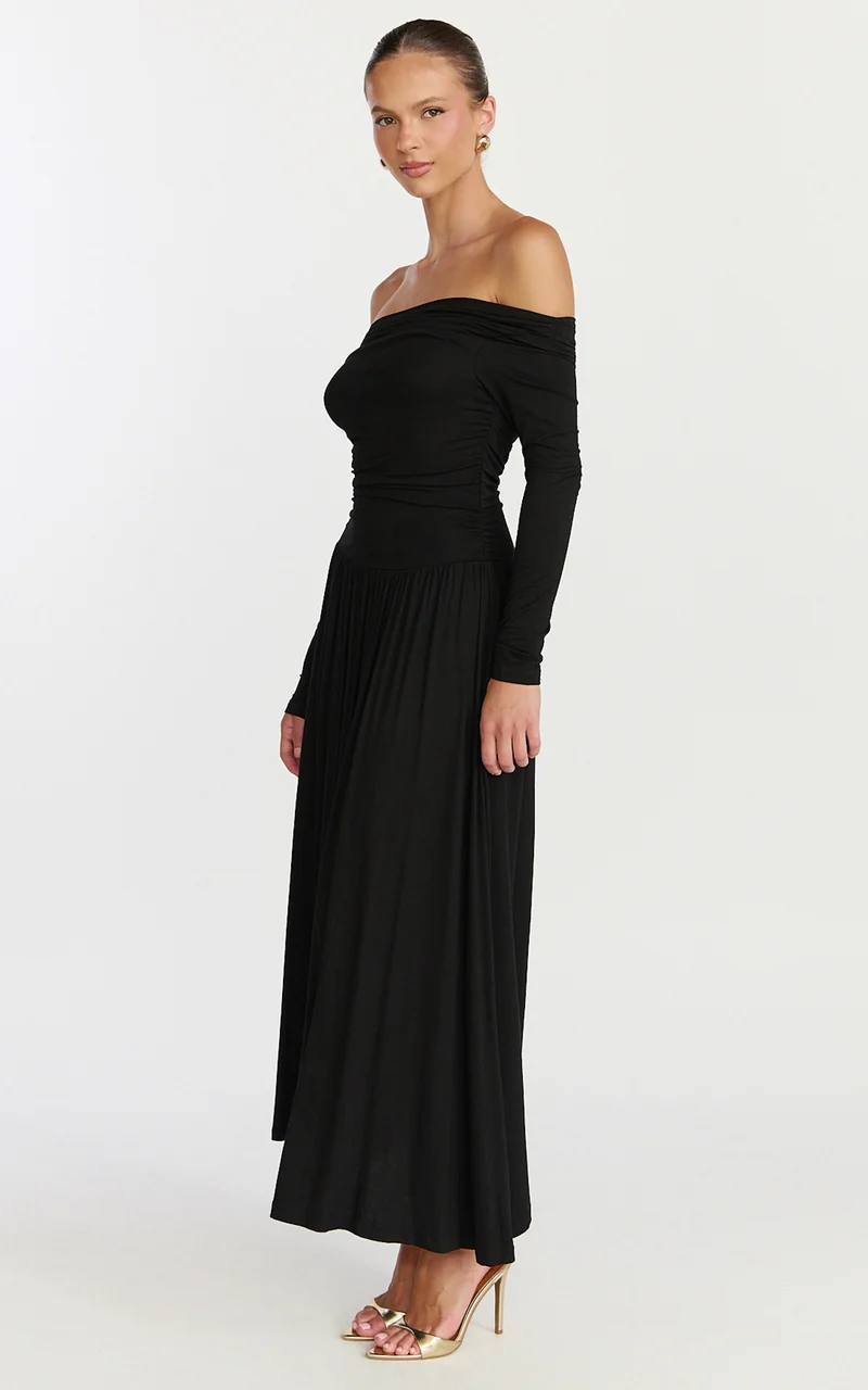 Antonia Midi Dress - Off The Shoulder Long Sleeve Dress in Black