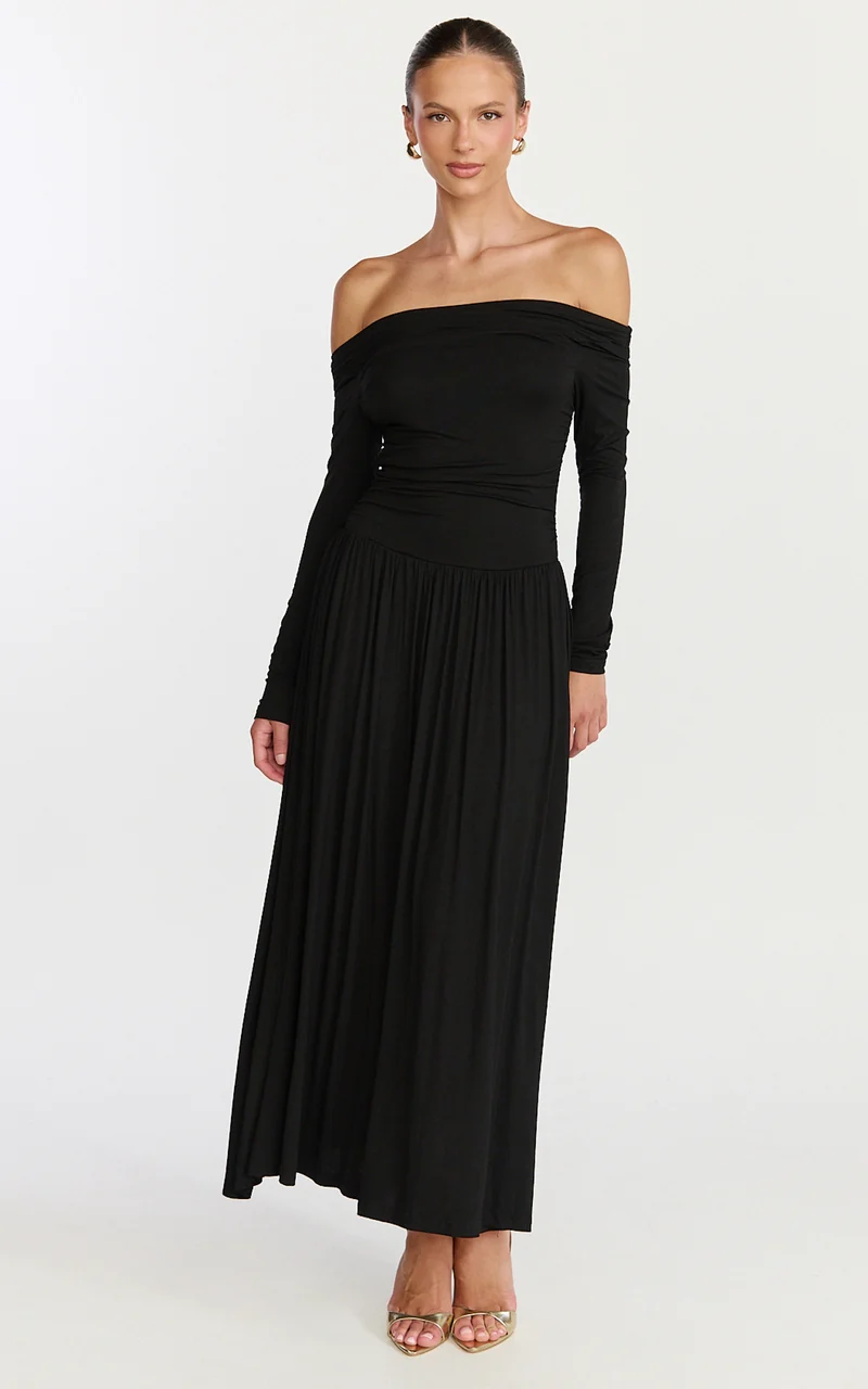 Antonia Midi Dress - Off The Shoulder Long Sleeve Dress in Black