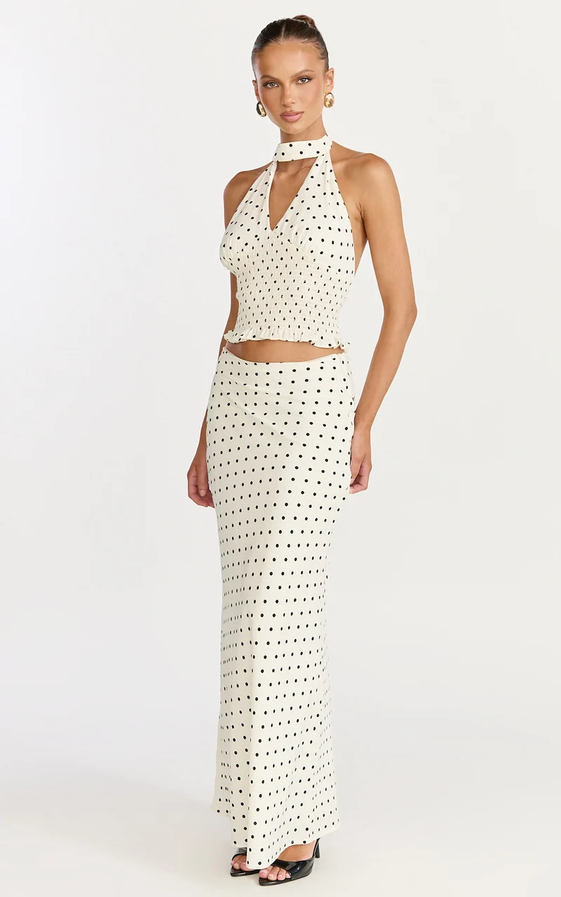Charlotte Top - Polka Dot Halter Neck Top in White & Black Polka Dots