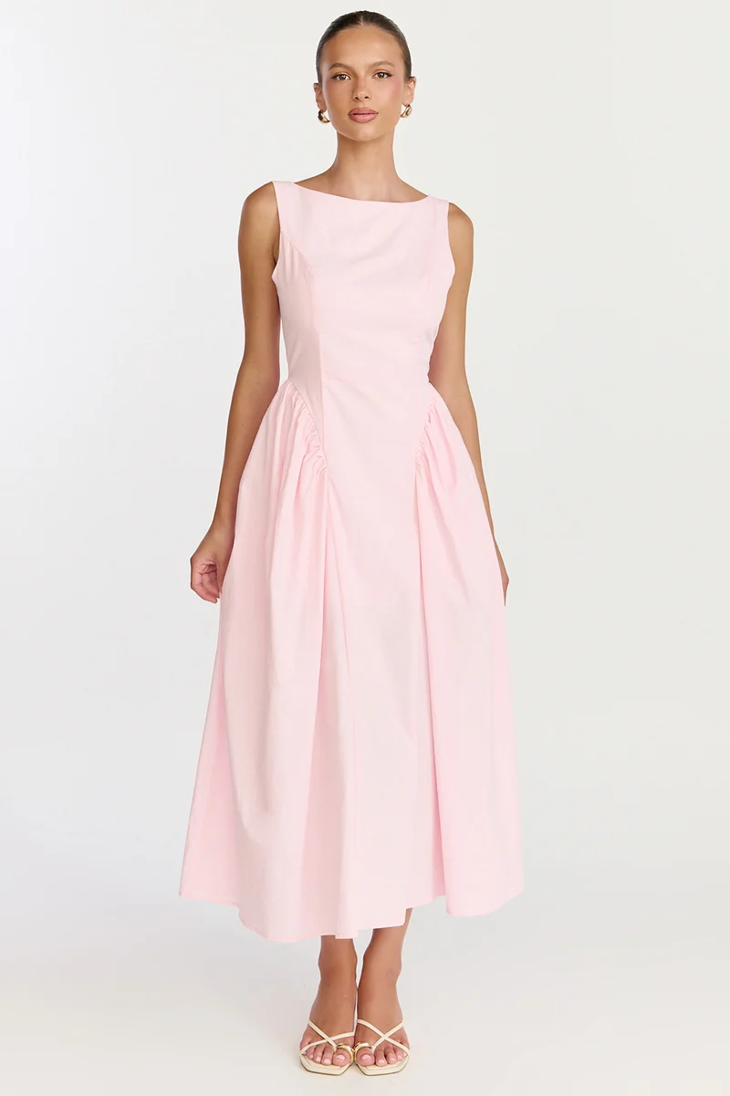 Casina Midi Dress - Boat Neck Tie Back Fit And Flare Dress in Pale Pink