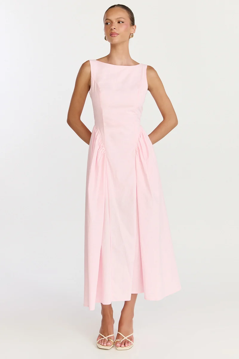Casina Midi Dress - Boat Neck Tie Back Fit And Flare Dress in Pale Pink