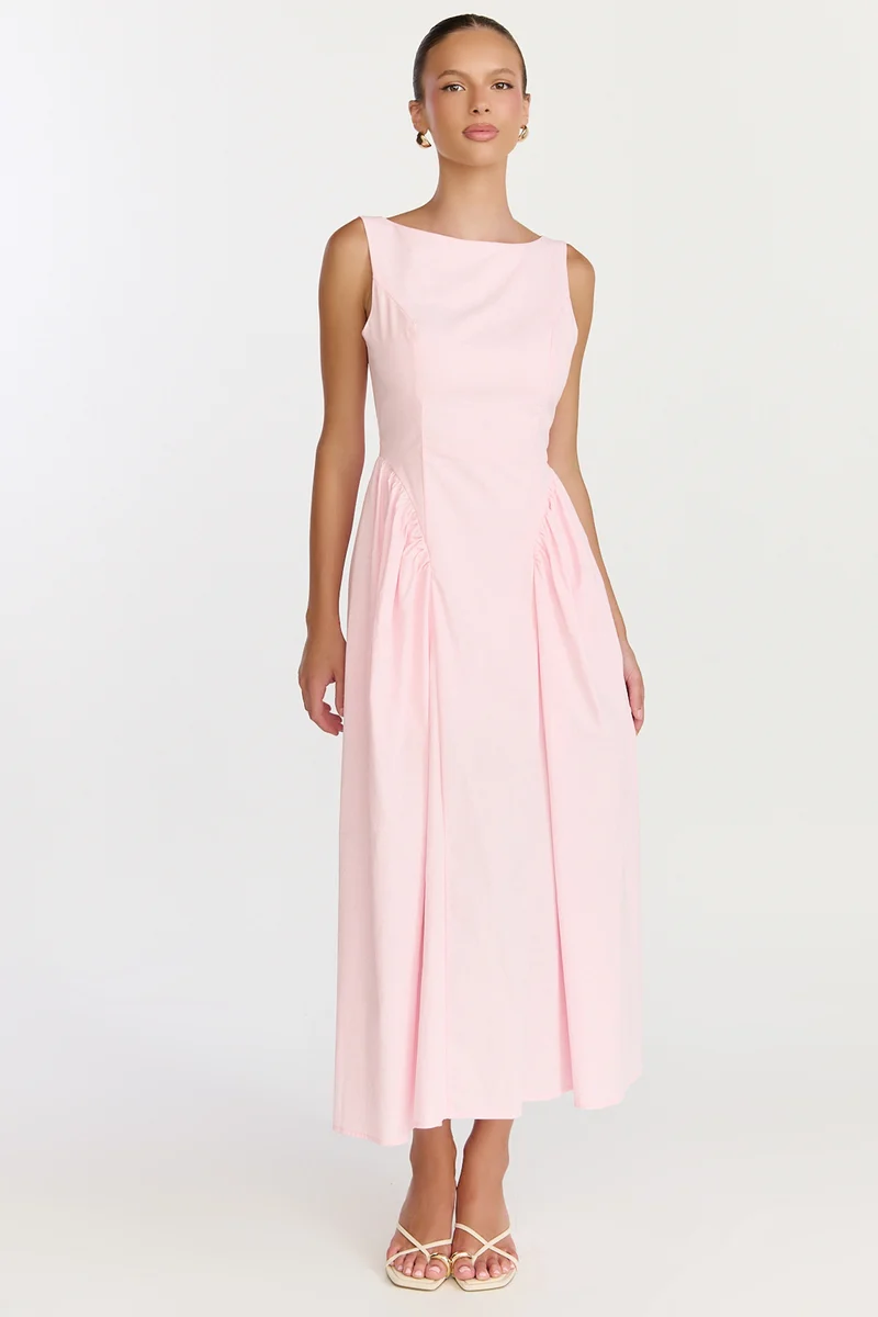 Casina Midi Dress - Boat Neck Tie Back Fit And Flare Dress in Pale Pink