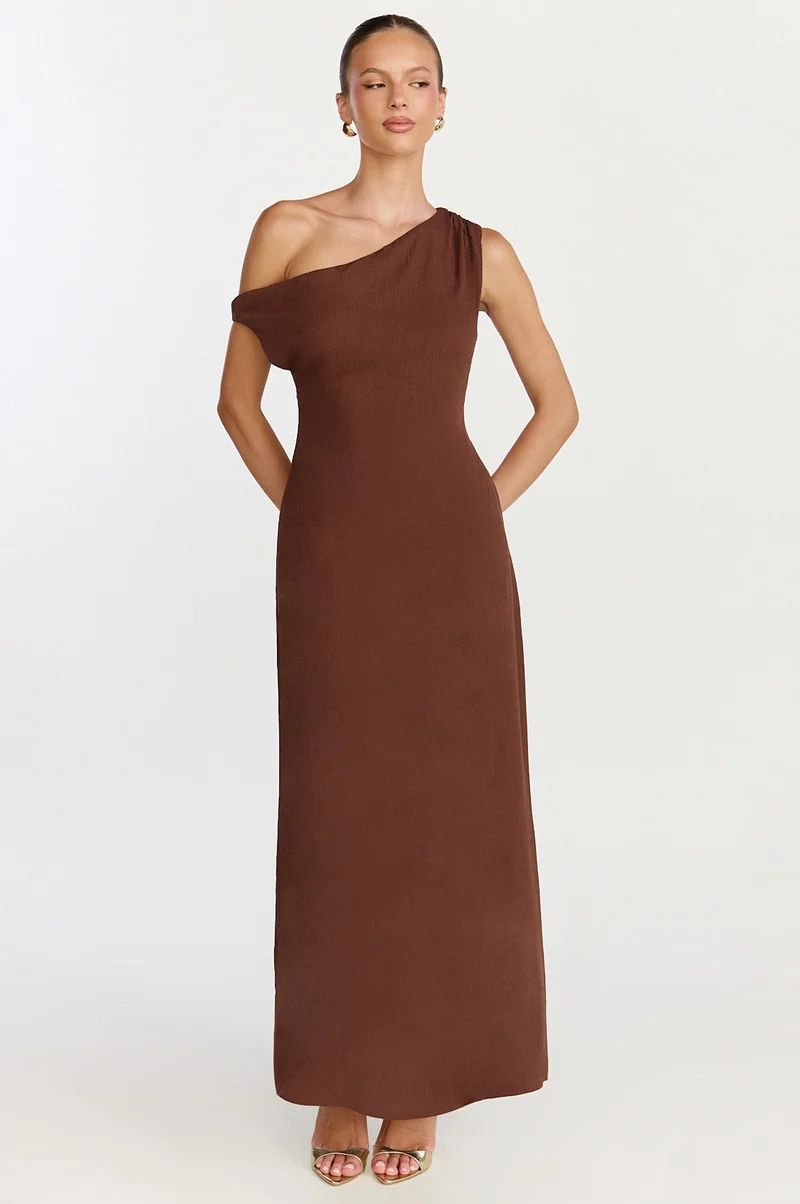 Aurelie Maxi Dress - Off Shoulder Column Dress in Chocolate
