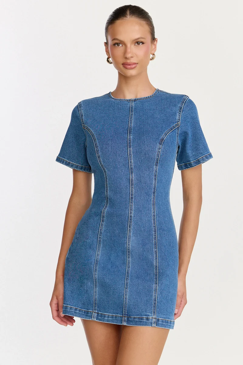 Camellia Mini Dress - High Neck A Line Dress in Mid Blue Wash
