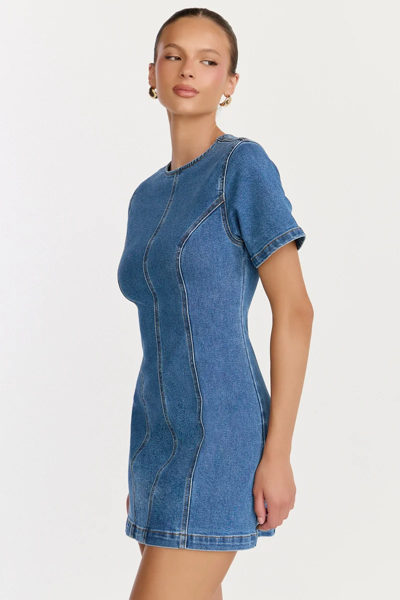 Camellia Mini Dress - High Neck A Line Dress in Mid Blue Wash