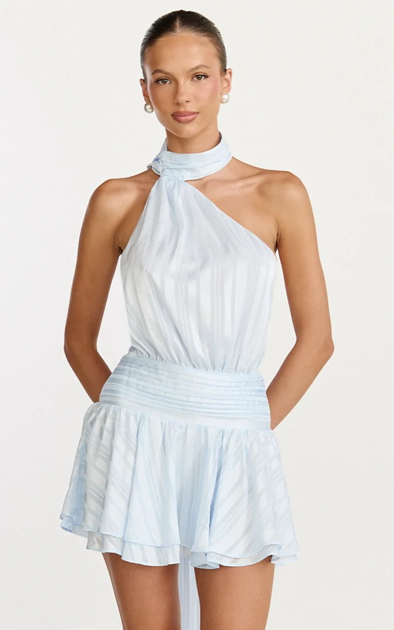 Callista Mini Dress - Scarf Neck Backless Dress in Light Blue