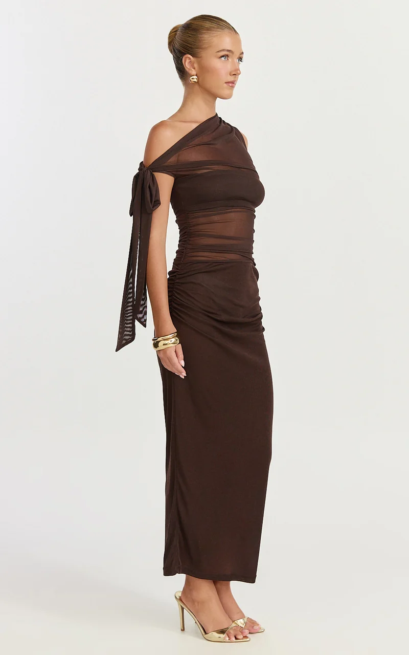 Astrid Midi Dress - Asymmetrical Off Shoulder Tie Detail Dress in Chocolate