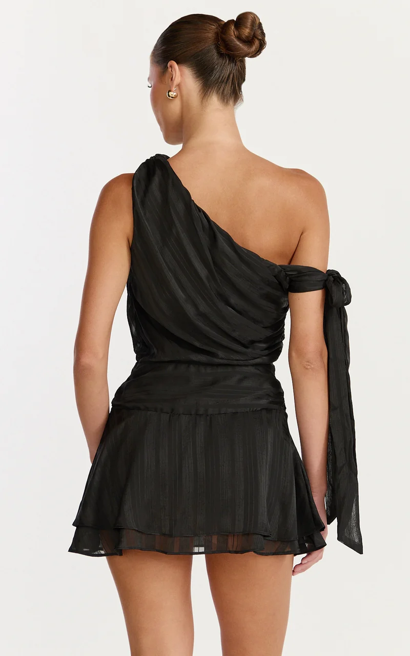 Giselle Mini Dress - Asymmetrical One Shoulder Tie Detail Dress in Black