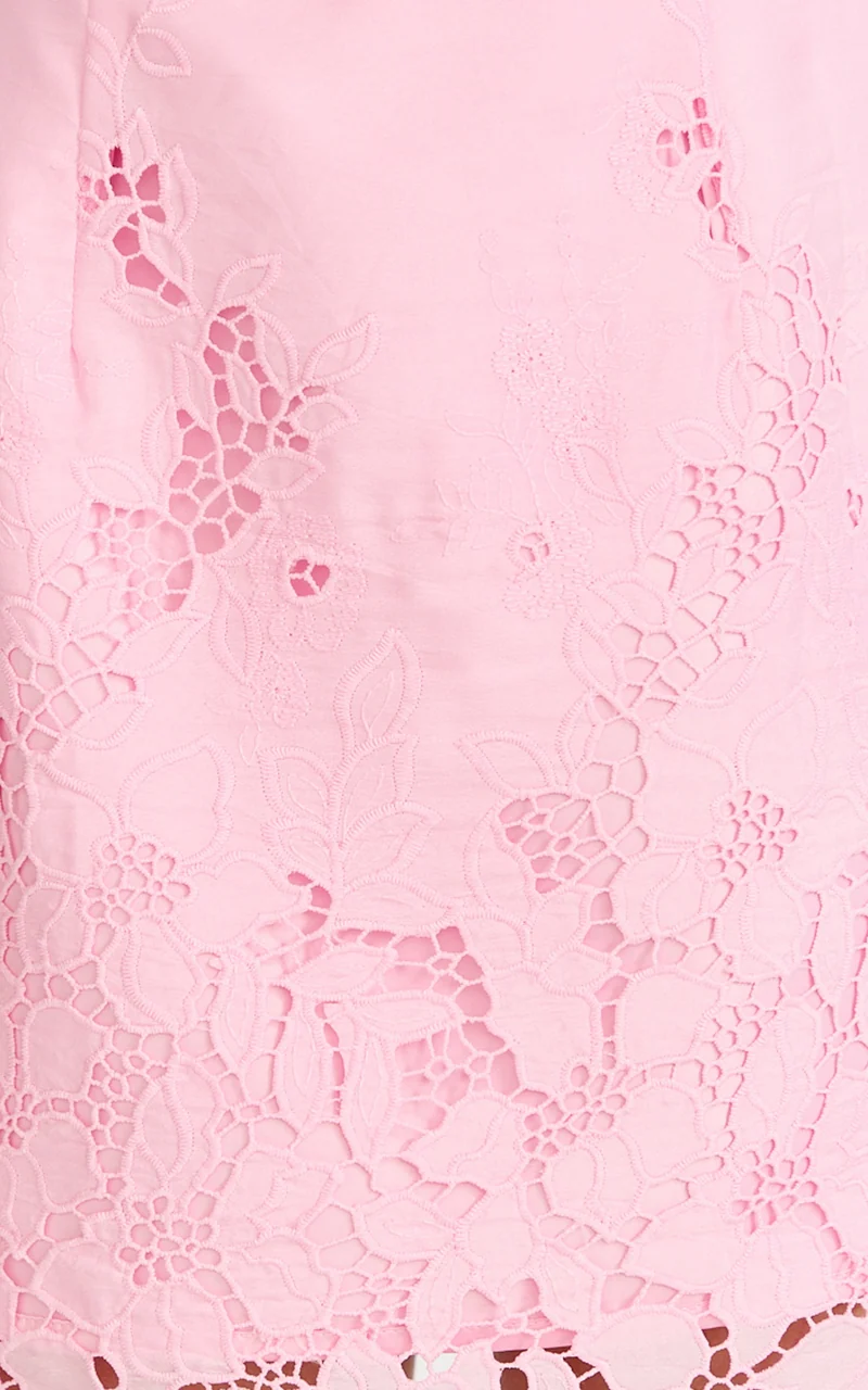 Maisie Mini Dress - Strapless Broderie Cut Out Border Hem Dress in Pink