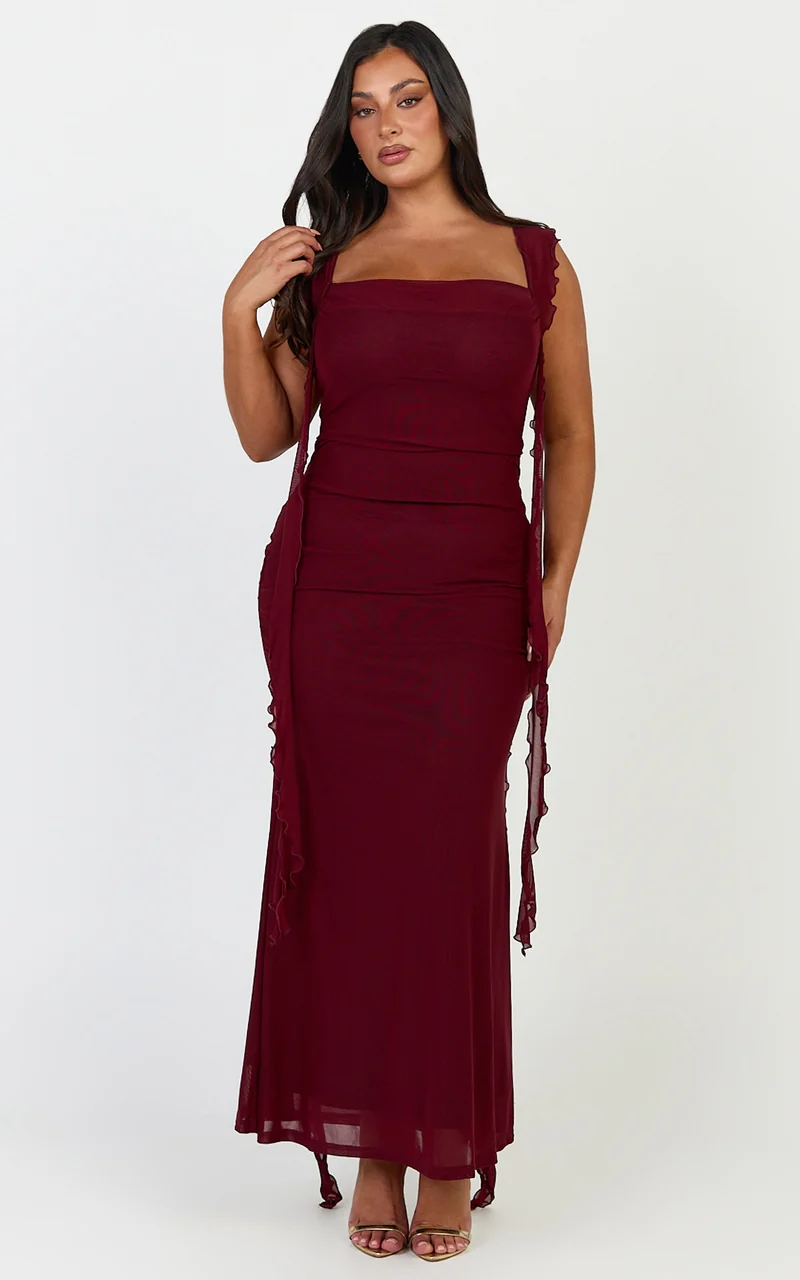 Rosha Midi Dress - Ruffle Strap Dress in Wine
