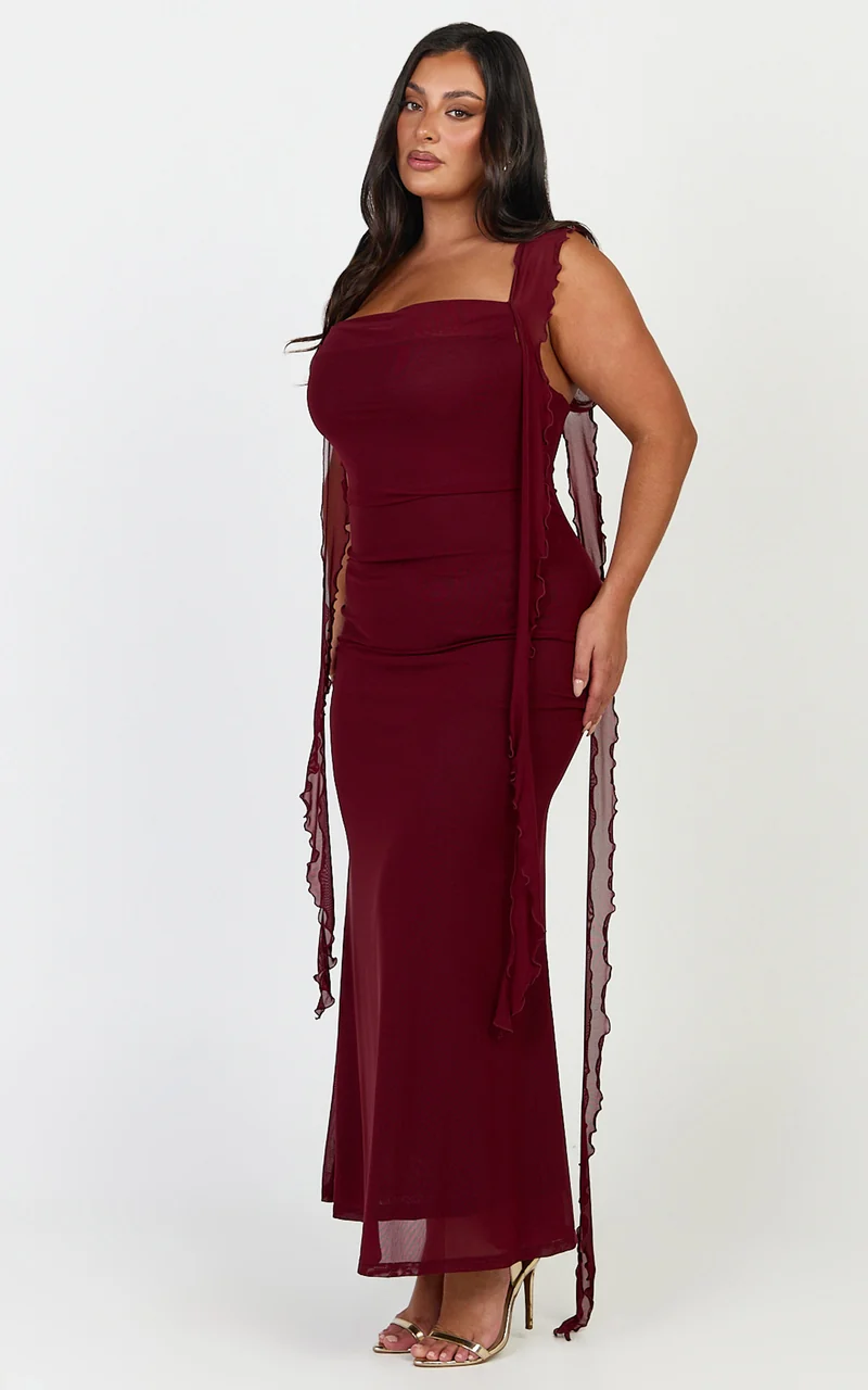 Rosha Midi Dress - Ruffle Strap Dress in Wine
