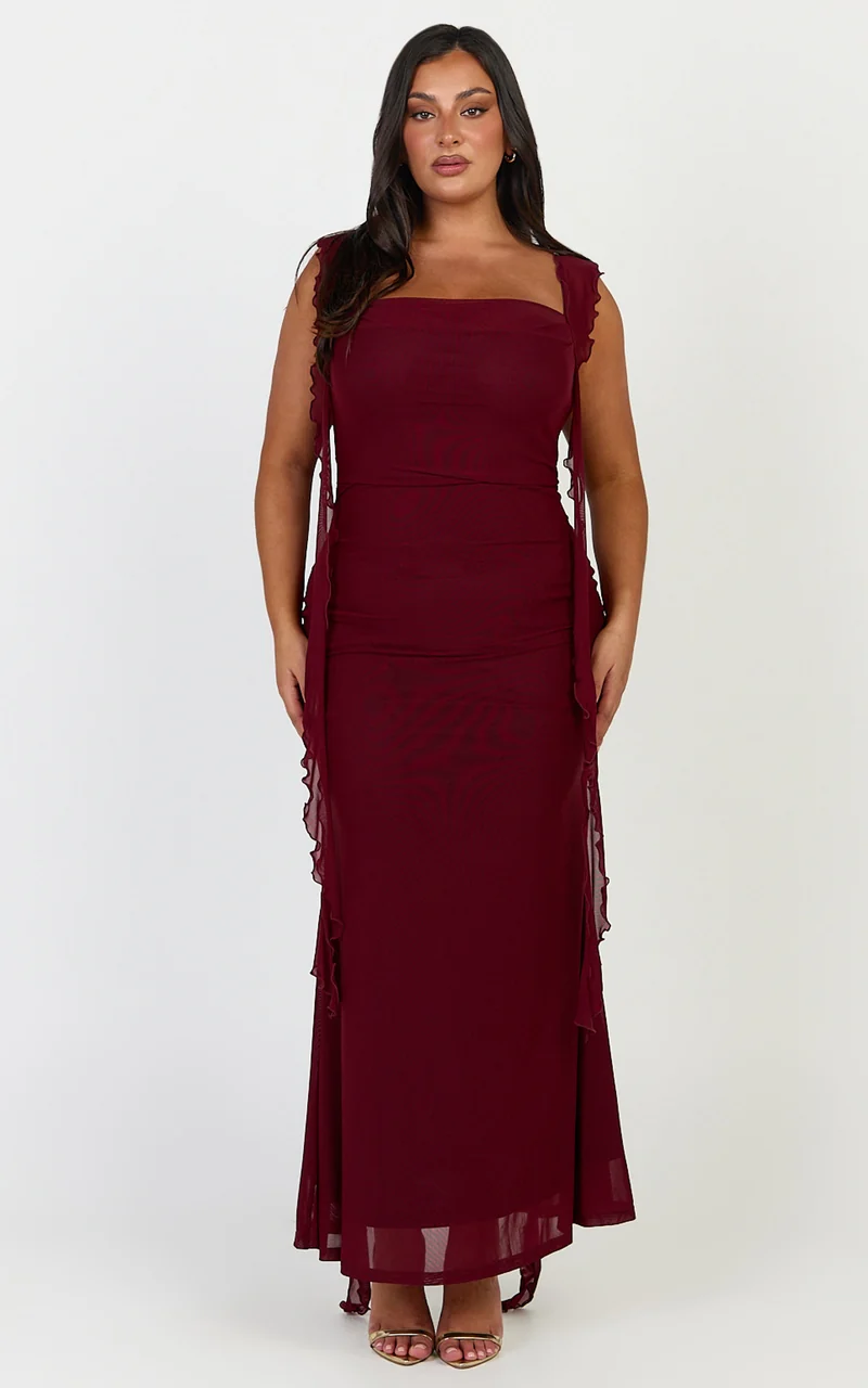 Rosha Midi Dress - Ruffle Strap Dress in Wine