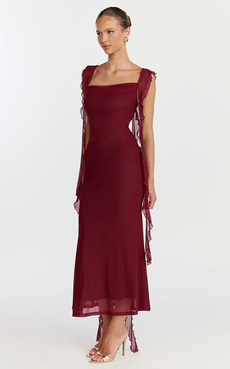 Rosha Midi Dress - Ruffle Strap Dress in Wine