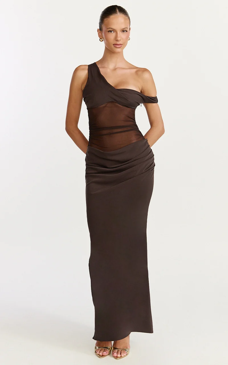 Elias Maxi Dress - Twisted One Shoulder Cowl Dropped Waist Dress in Chocolate