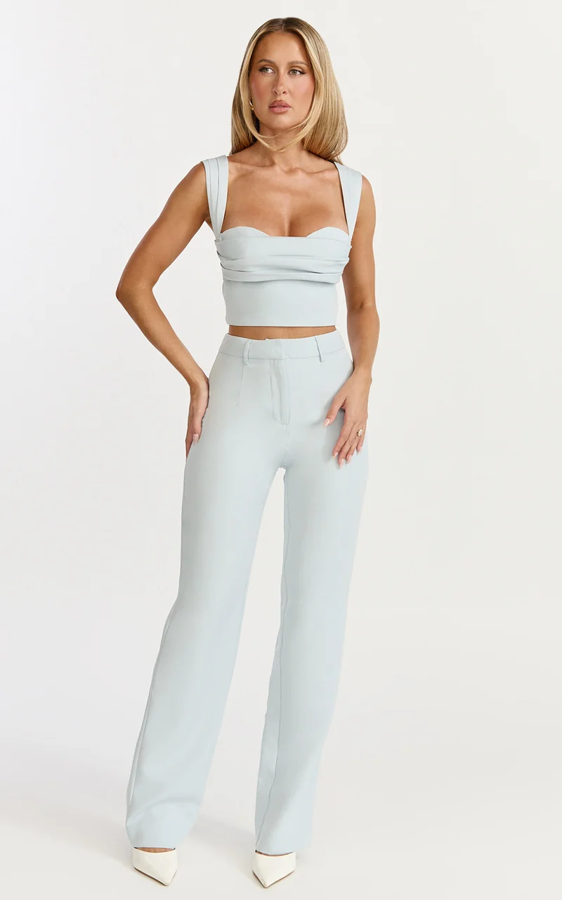 Kenna Two Piece Set - Gathered Bust Top And High Waist Straight Leg Pants Set in Baby Blue