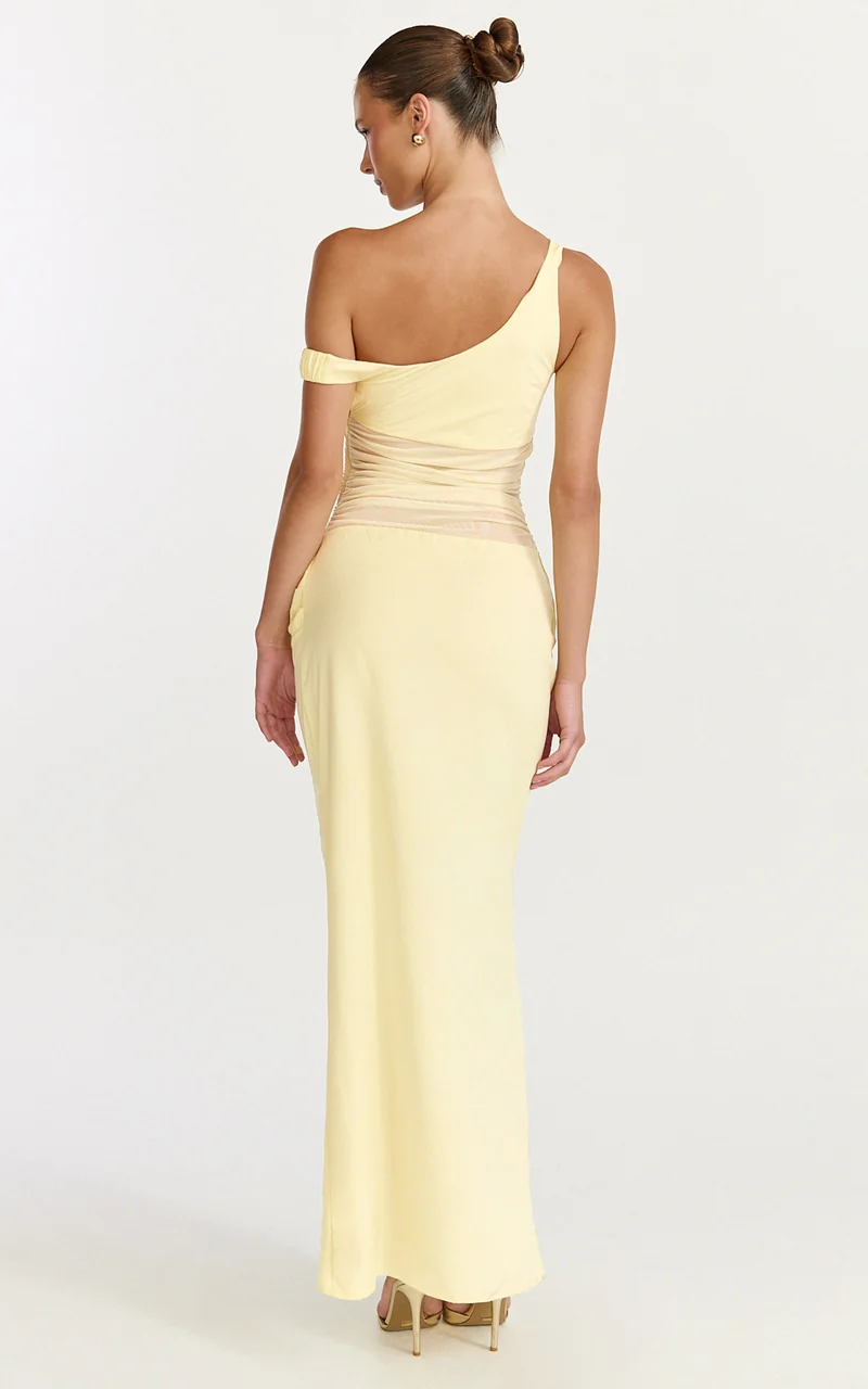 Elias Maxi Dress - Twisted One Shoulder Cowl Dropped Waist Dress in Lemon