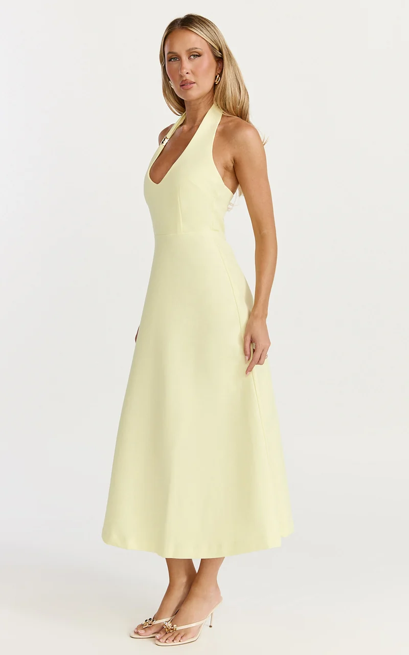 Leilani Midi Dress - Plunge Neck Hardware Fit and Flare Dress in Lemon