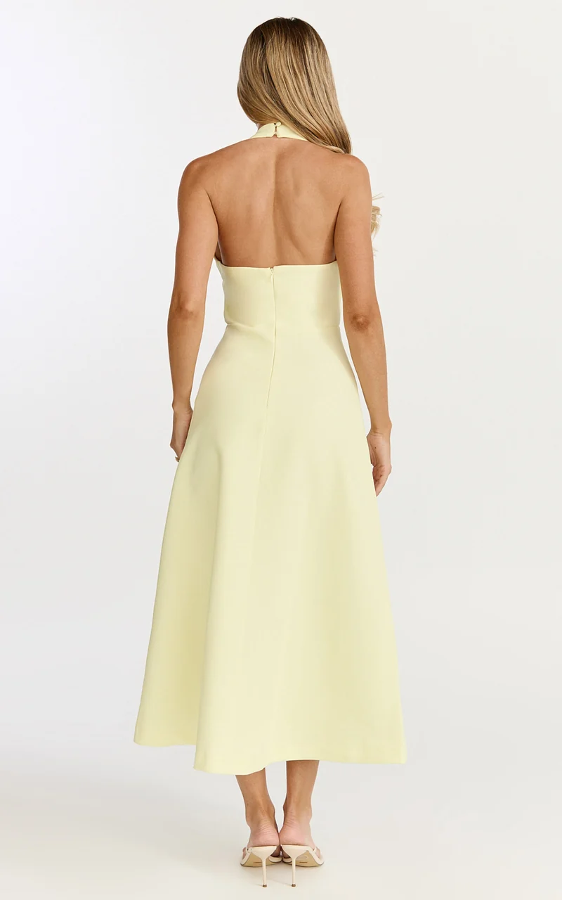 Leilani Midi Dress - Plunge Neck Hardware Fit and Flare Dress in Lemon