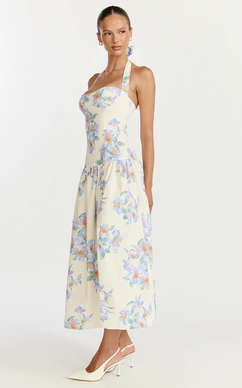 Astra Midi Dress - Halter Neck Drop Waist Dress in Astra Posey Floral Print