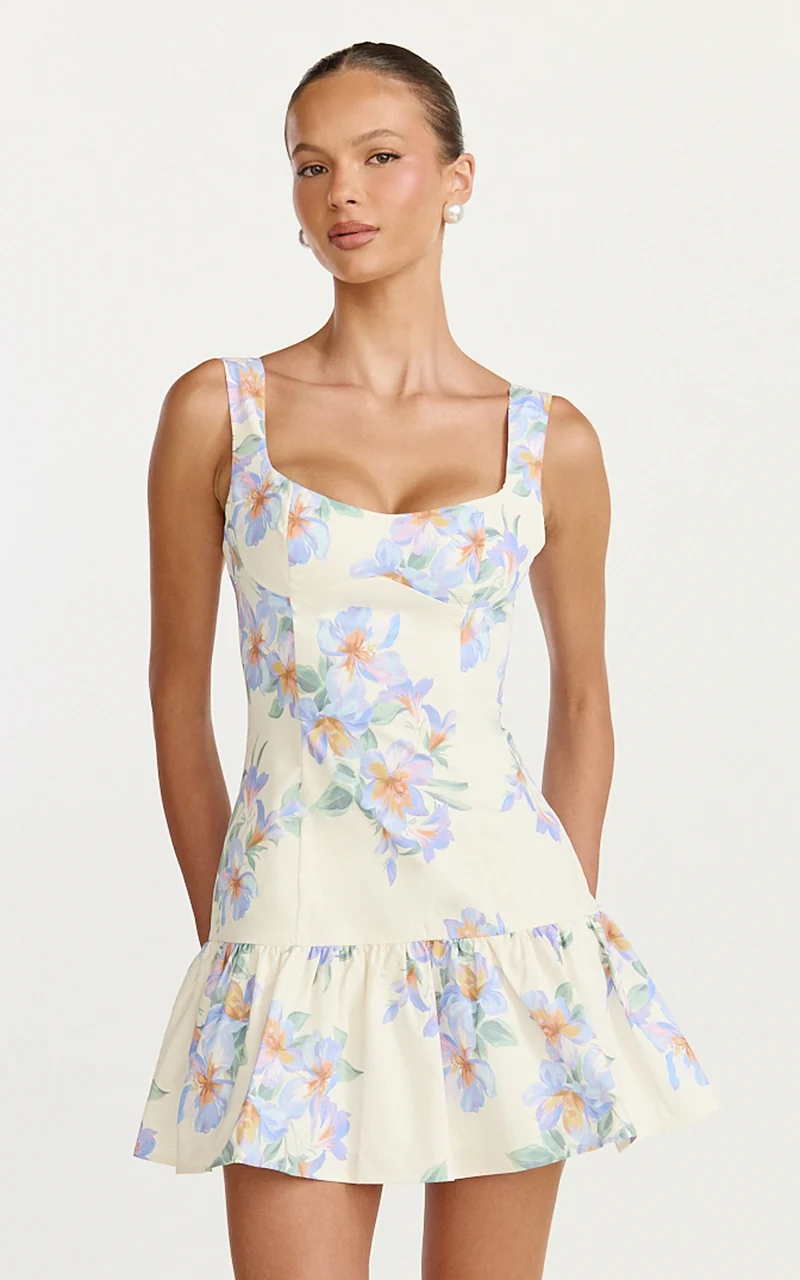 Astra Mini Dress - Balconette Bodice Drop Waist Dress in Astra Posey Floral Print