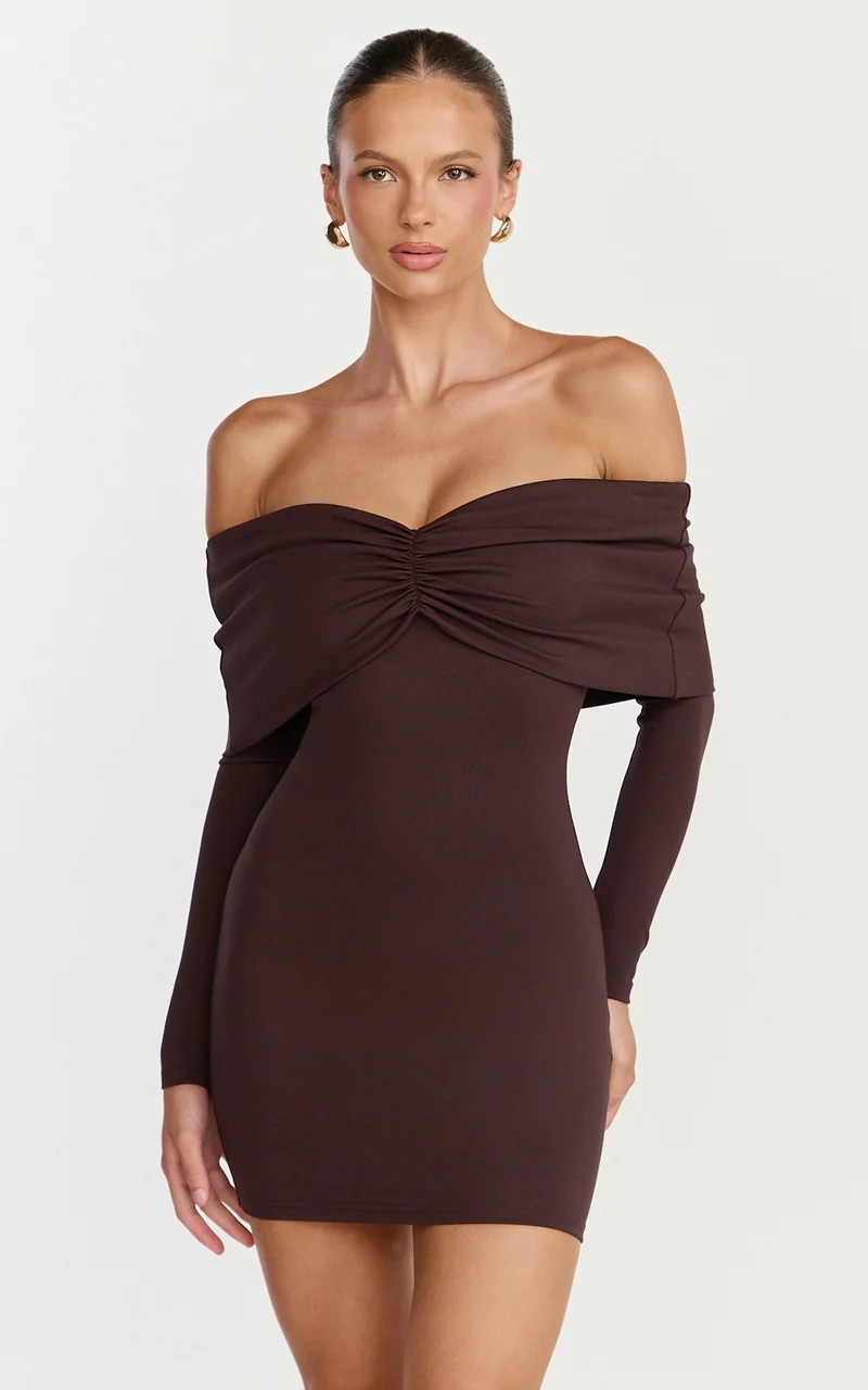 Rani Mini Dress - Off Shoulder Long Sleeve Bodycon Dress in Chocolate